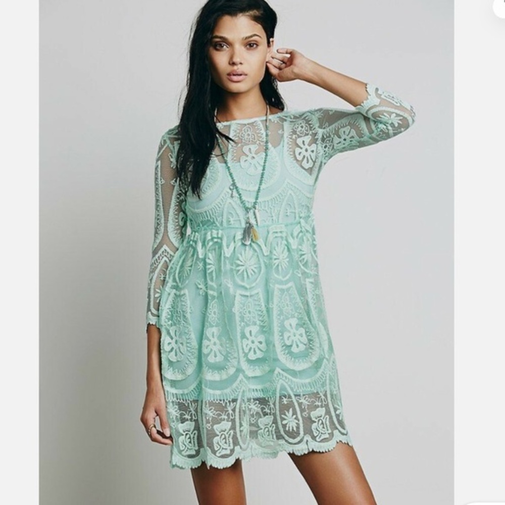 Jen's Pirate Booty Free People Mint Green Teardrop Pixie Lace Mini Sheer Dress